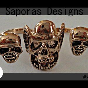 Gold Tone Double Finger Demon / Skull Ring Size 6.5 Unisex Biker Gothic Punk